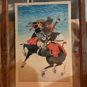 Vintage Samurai Warrior Art Print with Blue and Red Accents Double Glass
Beautif